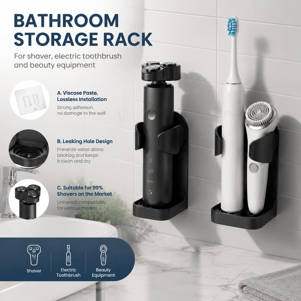 Home Essentials Bathroom Organizer - ที่วางแปรงสีฟันแบบติดผนัง กันน้ำ ไม่ต้องเจาะ พร้อมที่วางมีดโกน อุปกรณ์จัดระเบียบห้องน้ำอเนกประสงค์ สำหรับผู้ชาย
