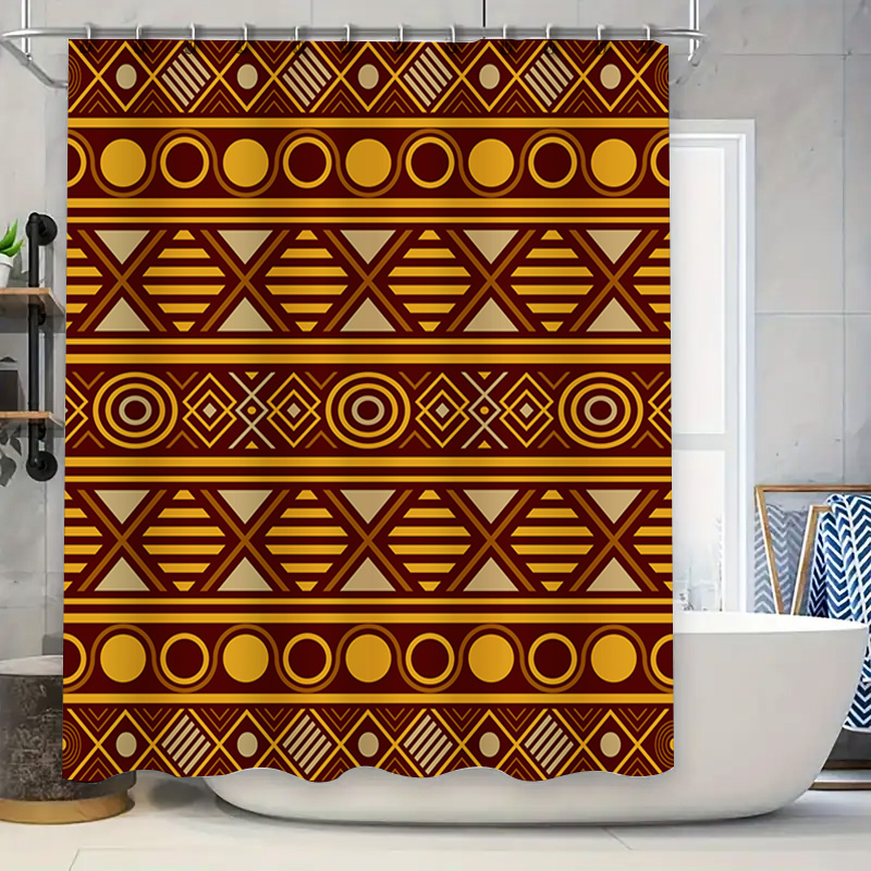 Home One Bathroom Accessories - เรขาคณิตผ้าม่านกันน้ําตกแต่งบ้านโมเดิร์นอุปกรณ์ห้องน้ําชุดแหวน Maroon สีน้ําตาล Beige รูปแบบ (หนึ่งขนาด)