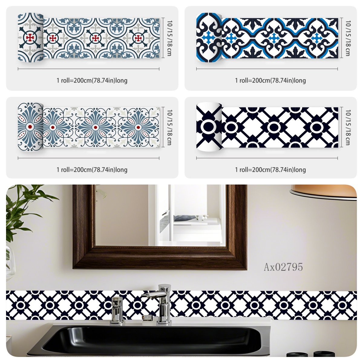Home Bathroom Tiles Design - สติกเกอร์ขอบกระเบื้องสไตล์โบโฮเมดิเตอร์เรเนียน หลายแบบ กันน้ำ ลอกออกและติดได้ สำหรับห้องครัว ห้องน้ำ