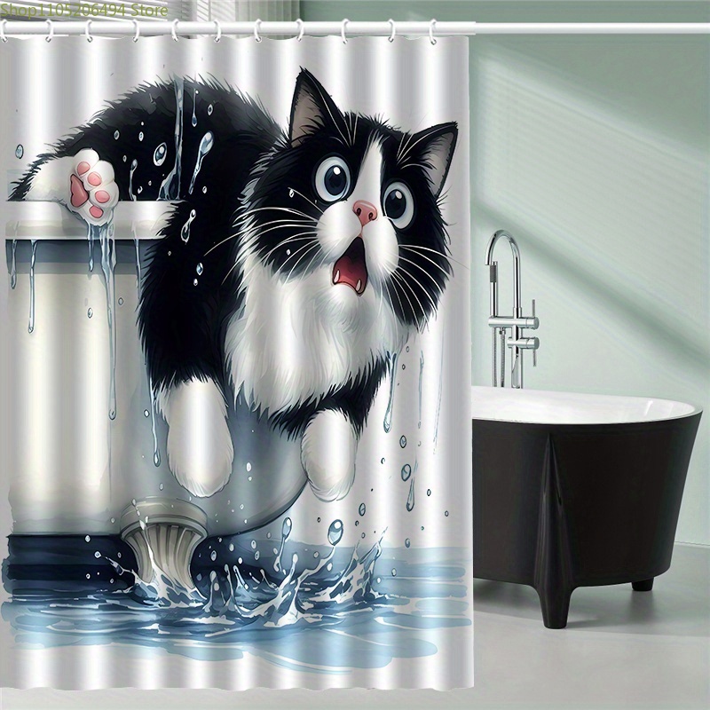 Home Decor Bathroom Ideas - ม่านอาบน้ำลายแมวตลกกระโดดจากอ่างอาบน้ำ ดีไซน์น่ารักสำหรับสัตว์เลี้ยง กันน้ำได้ เหมาะสำหรับตกแต่งบ้าน ไอเดียห้องน้ำแสนอบอุ่น