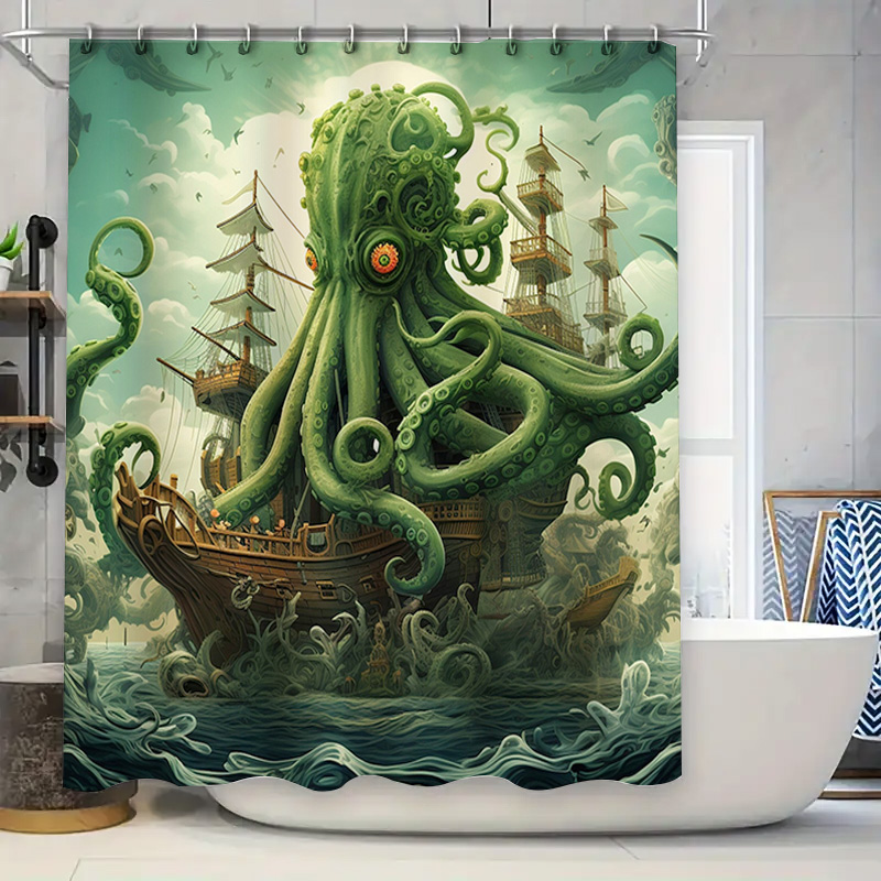 Home Decor Bathroom Ideas - Octopus เรือผ้าม่านอาบน้ํา Surreal Marine Decor สีเขียวสีฟ้ากันน้ําชุดอุปกรณ์ห้องน้ําที่ไม่ซ้ํากันไอเดียของขวัญ