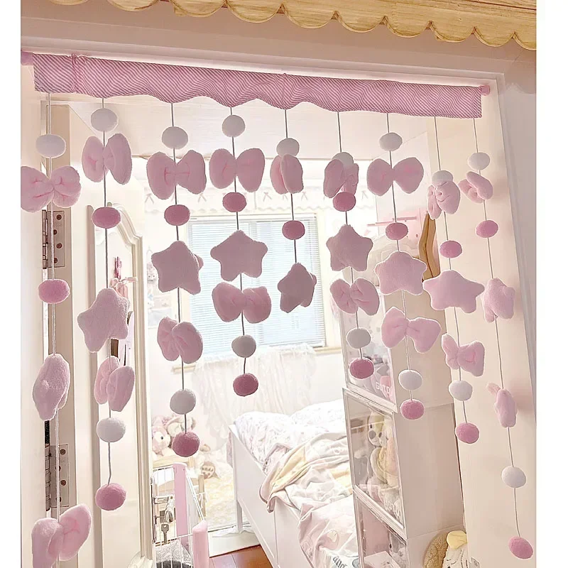 Home Bathroom Products - สีชมพูน่ารักโบว์ผ้าม่านสั้นด้ายพาร์ทิชันแขวนตกแต่งหน้าต่างหอพักประตูผ้าม่านผ้าม่านประตูห้องน้ําห้องนอนหญิง