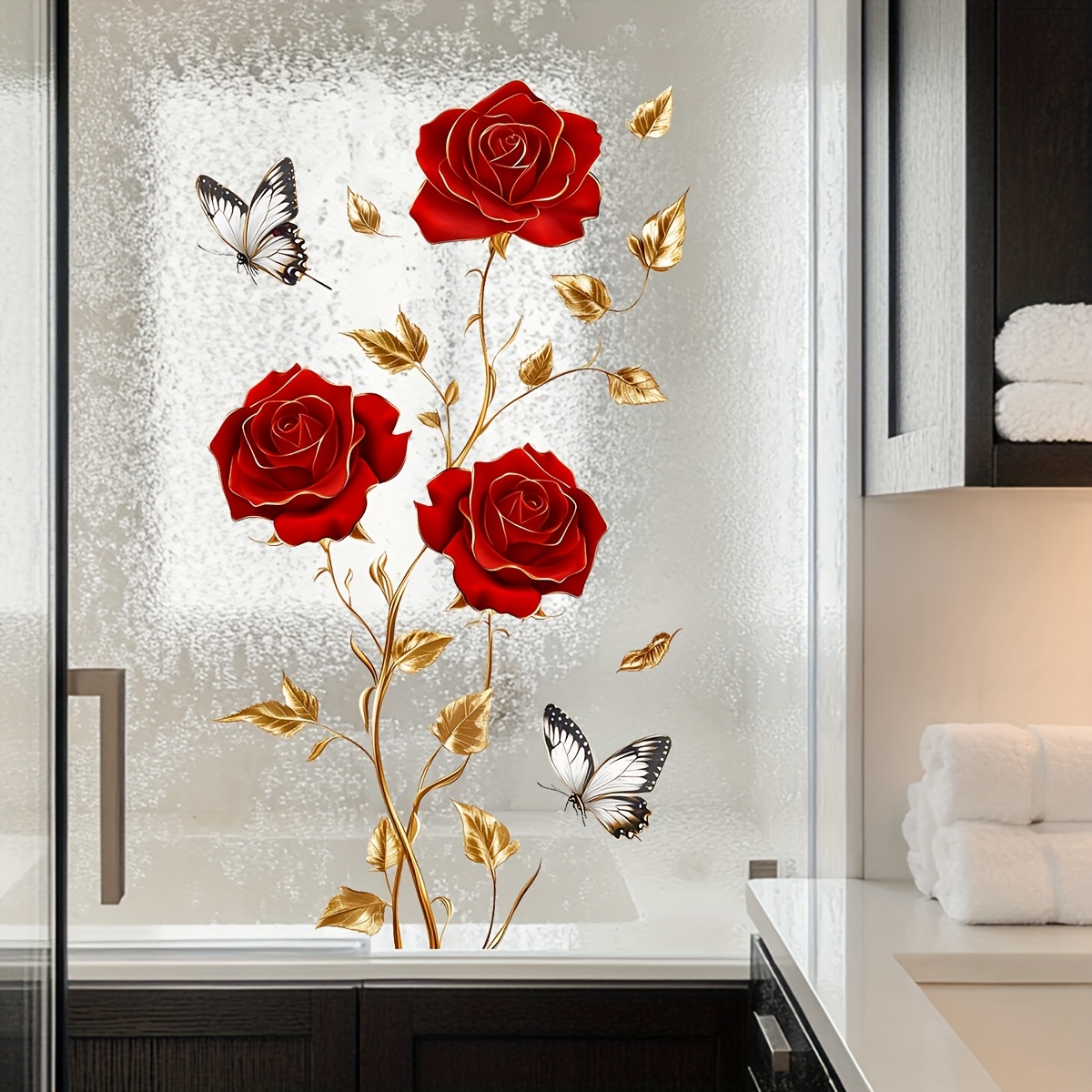 Home One Bathroom - สติกเกอร์ติดหน้าต่างและผนังรูปผีเสื้อกุหลาบแดงแสนสวยและโรแมนติก 1 ชิ้น สติกเกอร์ตกแต่งบ้านแบบมีกาวในตัวทำจาก PVC เหมาะสำหรับตู้