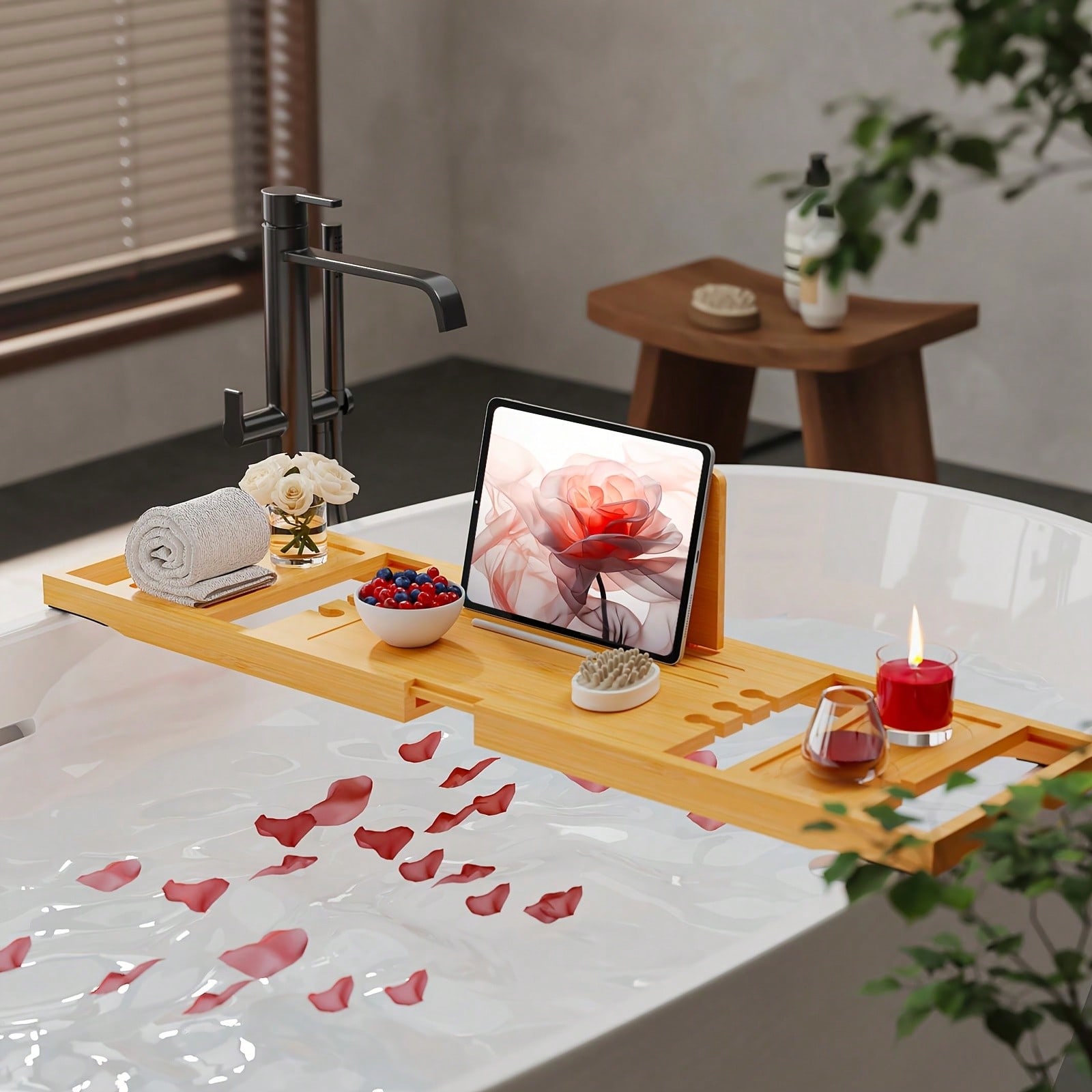 Home Essentials Bathroom Organizer - ถาดวางของในอ่างอาบน้ำไม้ไผ่, ที่จัดเก็บแบบยืดหดได้สำหรับแท็บเล็ต, เครื่องดื่ม และผ้าเช็ดตัว, เหมาะสำหรับสปาในห้องน้ำ, ถาดวางของในอ่างอาบน้ำไม้ไผ่แบบยืดหดได้,