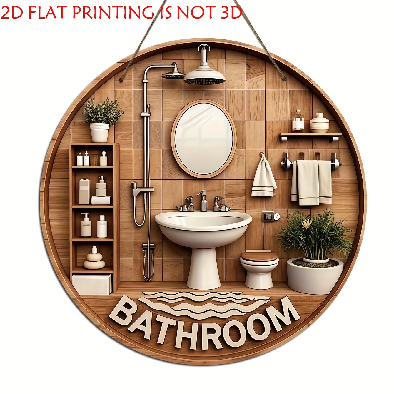Home One Bathroom - ป้ายไม้ตกแต่งห้องน้ำรูปทรงกลมแบบ 2 มิติ ลายโลโก้และข้อความ, ตกแต่งบ้านสไตล์ชนบทย้อนยุค เหมาะสำหรับตกแต่งบ้านและงานศิลปะ