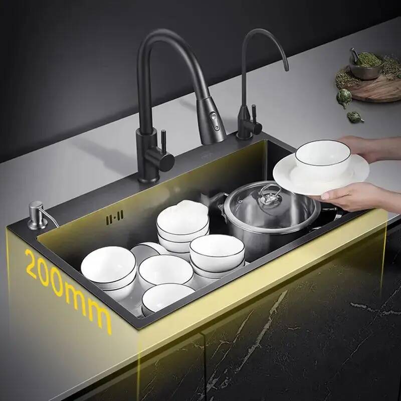 Home One Bathroom Accessories - อ่างล้างจานสีดำนาโน สแตนเลสแบบหลุมเดียว สำหรับติดตั้งใต้เคาน์เตอร์ อ่างล้างหน้า อุปกรณ์ครัวทันสมัยสำหรับบ้าน