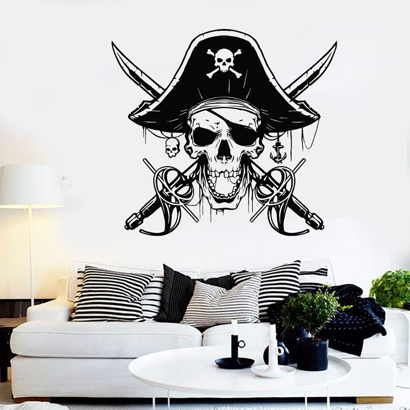 Home Bathroom Floor Tiles - Pirate Sabers Skull Captain Sea สติ๊กเกอร์ติดผนัง
