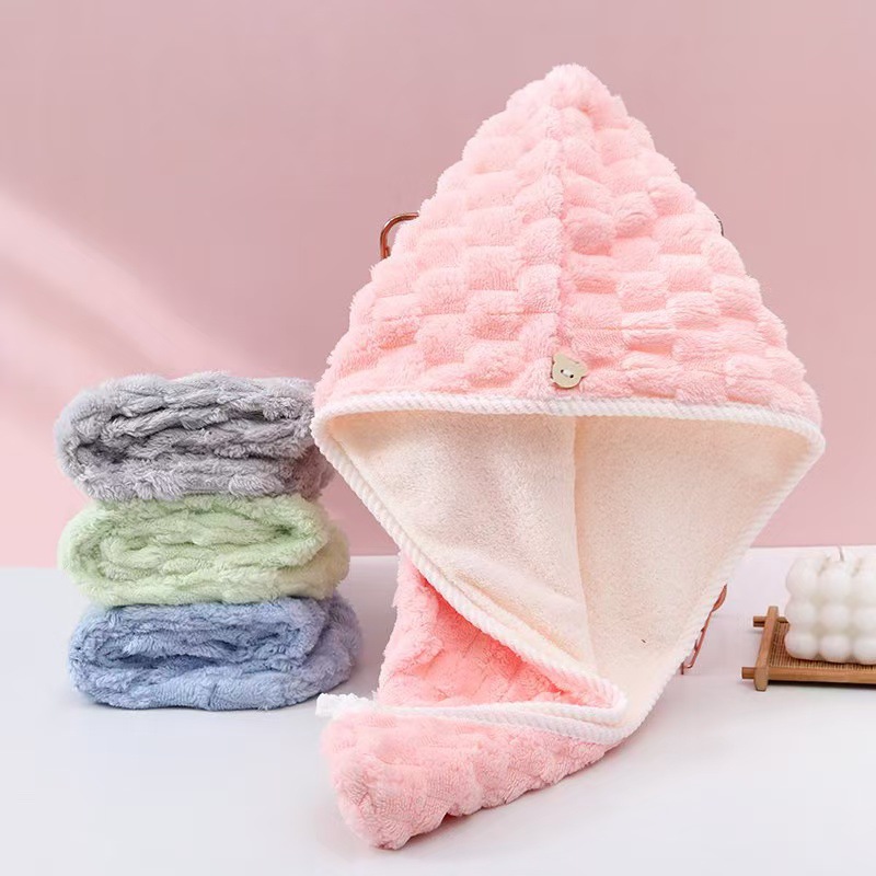Home Bathroom Towels - หมวกคลุมผมแห้งทำจากผ้าคอรัลฟลีซ ซึมซับน้ำได้ดี แห้งเร็ว นุ่ม หนา ไม่เป็นขุย