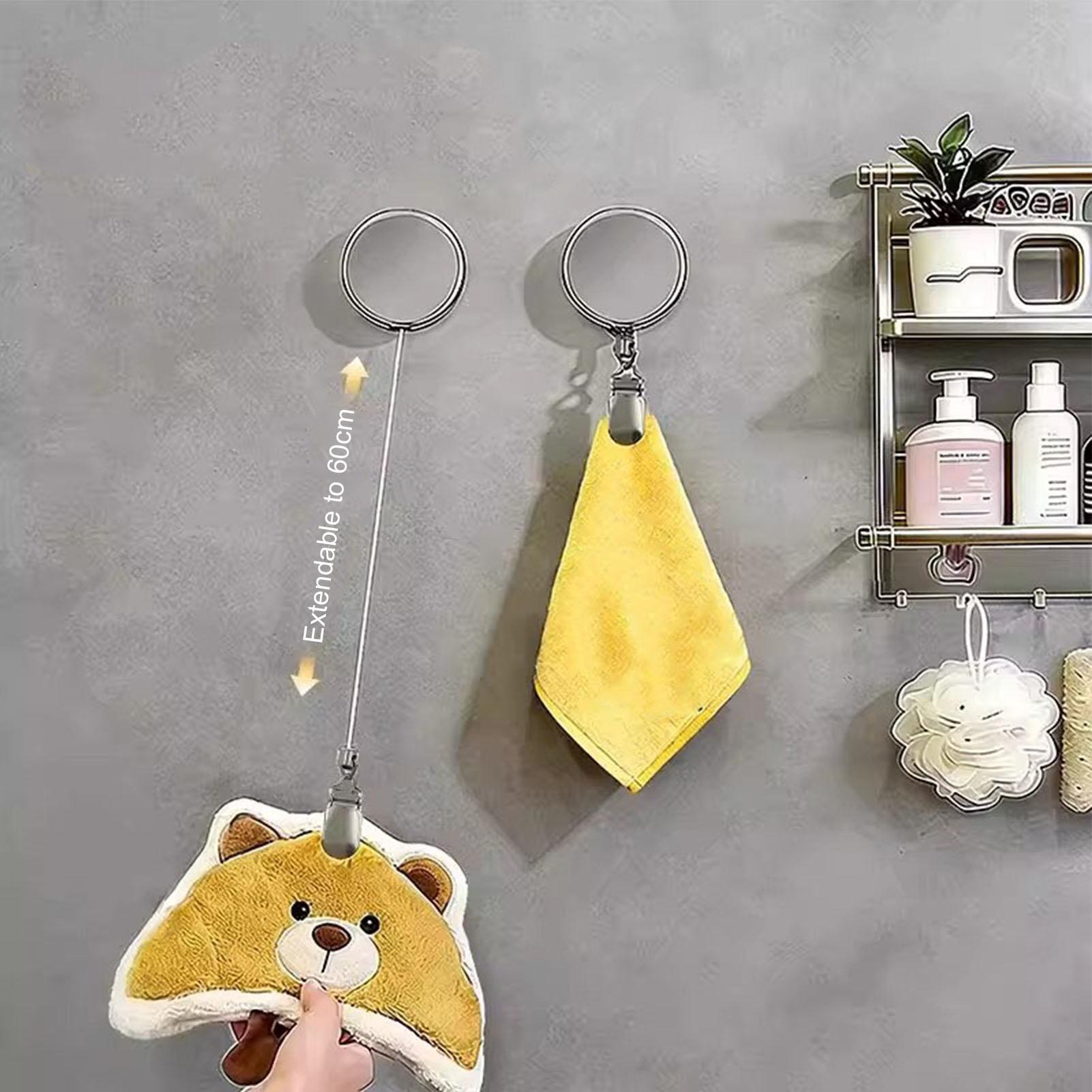 Home Bathroom Towels - ที่แขวนผ้าเช็ดมือแบบยืดหดได้อัตโนมัติ ติดผนัง ไม่ต้องเจาะ 1 ชิ้น พร้อมที่หนีบสายเคเบิลโลหะ