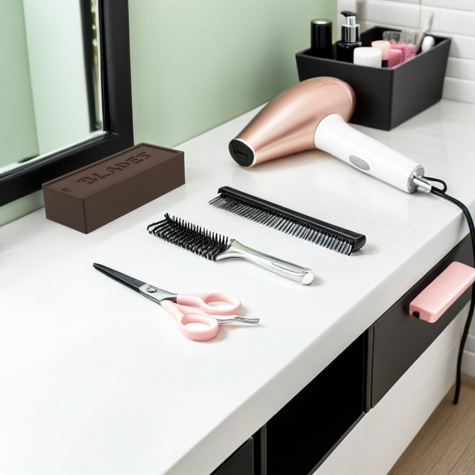 Home One Bathroom - กล่องเก็บใบมีดสองช่องสีน้ำตาล ที่ใส่เครื่องตัดผมพลาสติก อุปกรณ์จัดระเบียบสำหรับห้องน้ำ บ้าน ช่างตัดผม กล่องเก็บมีดโกน