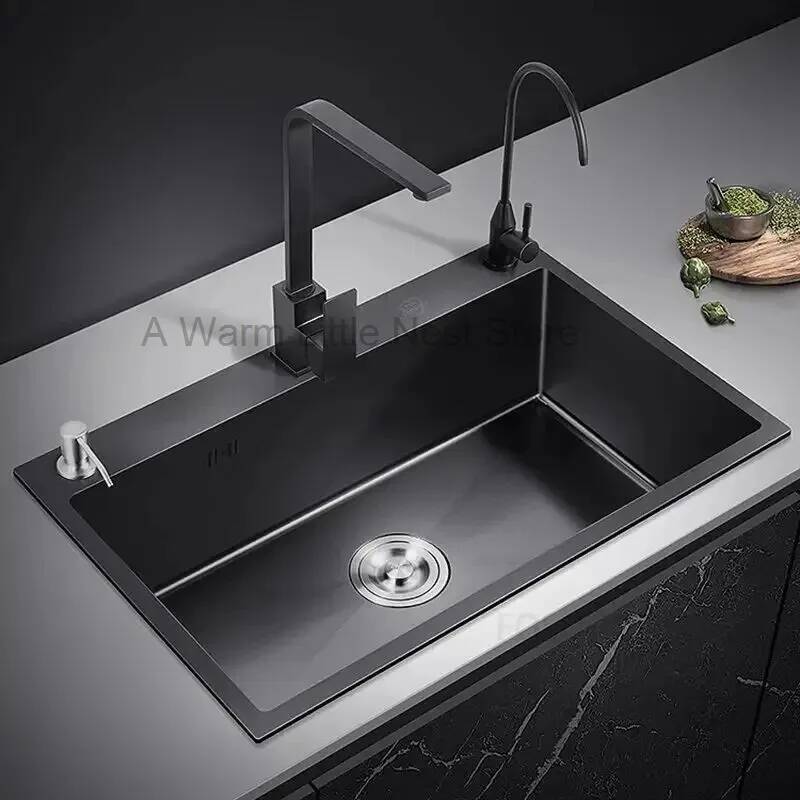 Home One Bathroom Accessories - อ่างล้างจานนาโนสีดำ อ่างล้างหน้าในห้องน้ำ สแตนเลสแบบช่องเดียว อ่างล้างหน้าแบบฝังใต้เคาน์เตอร์ อ่างล้างมือ อุปกรณ์ครัวทันสมัยสำหรับบ้าน
