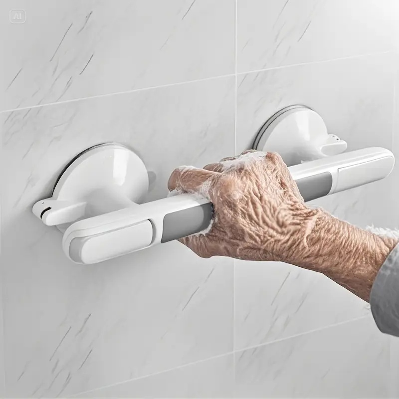 Home Bathroom Tiles Design - ราวจับเพื่อความปลอดภัยสำหรับผู้สูงอายุ 1 ชิ้น - ไม่ต้องเจาะเพื่อการติดตั้ง, ที่จับกันลื่นในห้องน้ำพร้อมถ้วยดูดแรงดูดสูง,