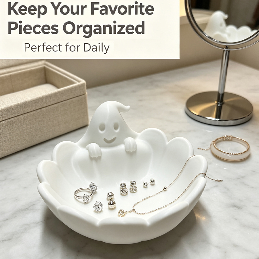 Home Essentials Bathroom Organizer - ถาดใส่เครื่องประดับรูปผี 3D สีขาวด้าน พร้อมรายละเอียดหน้าผี ขอบโค้งมน ดีไซน์กันลื่น